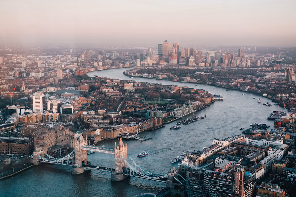 London skyline and Tower Bridge at twilight